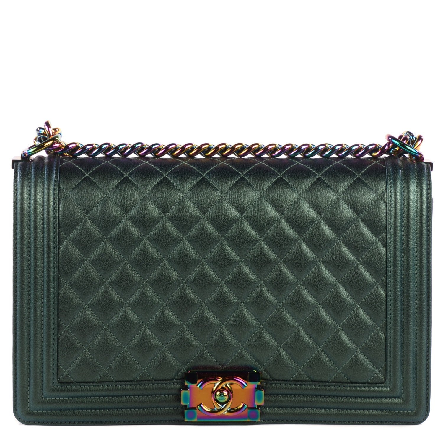Chanel Iridescent Goatskin Quilted New Medium Boy Flap Green 1 of 9