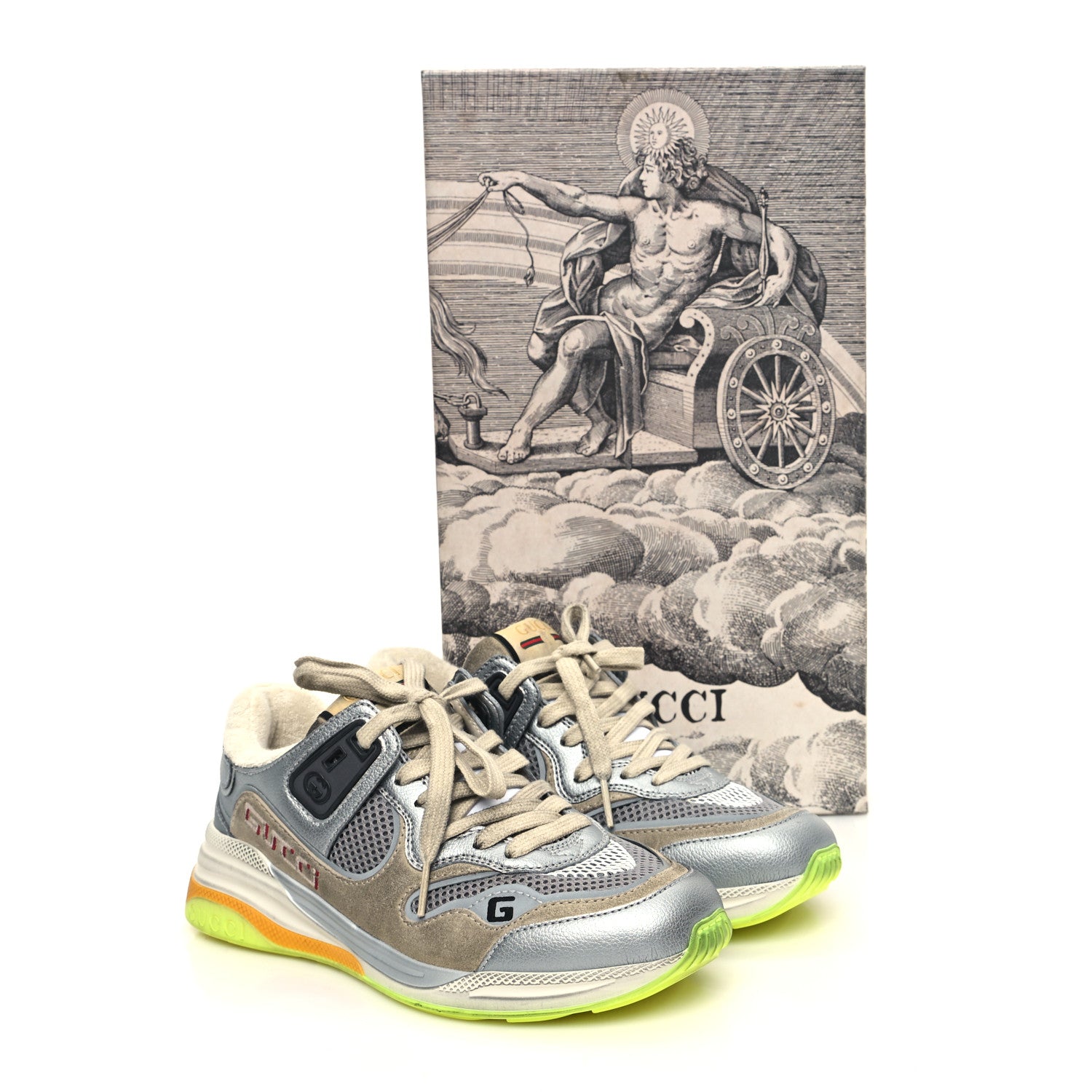 Gucci Metallic Calfskin Suede Womens Ultrapace Sneakers 35.5 Silver Oatmeal 10 of 10