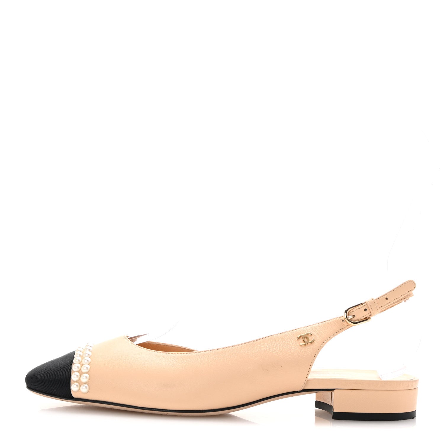 Chanel Lambskin Grosgrain Pearl Cap Toe CC Slingback Flats 39 Beige Black 1 of 10