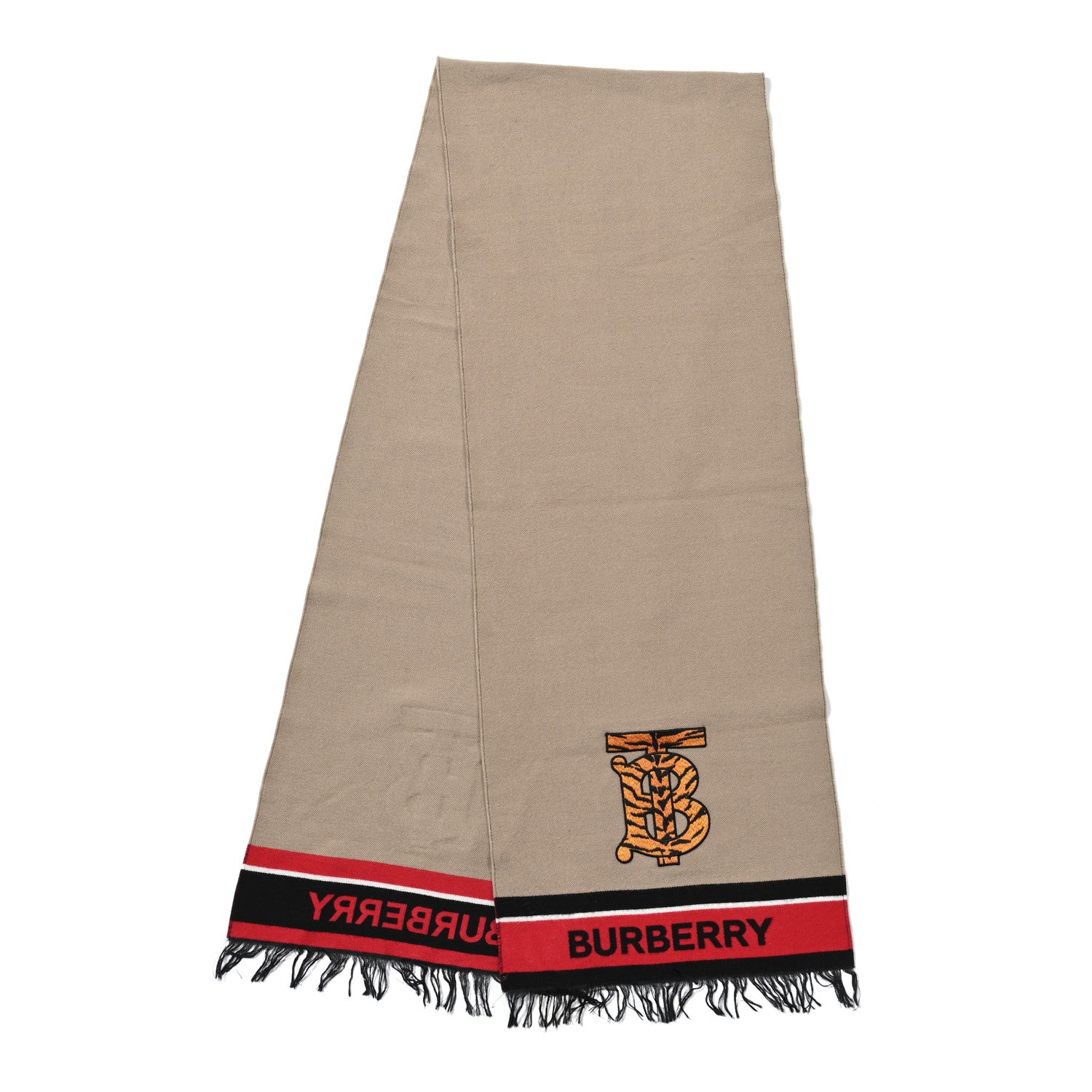 Burberry Wool Tiger TB Fringe Scarf Beige 2 of 4