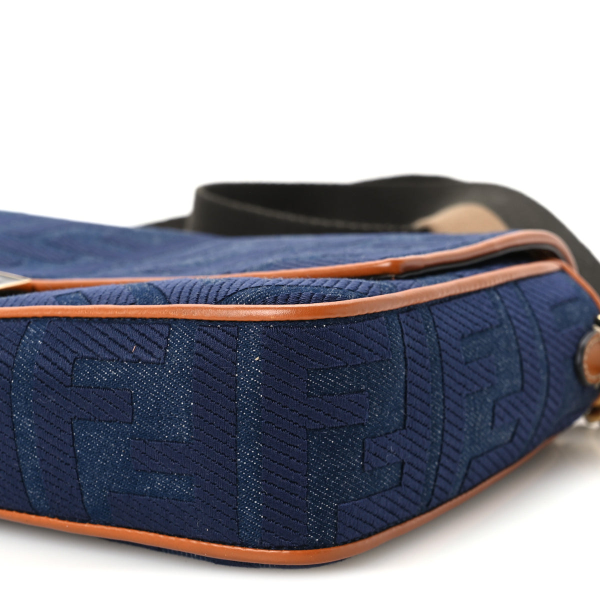 Denim Vitello King FF Embroidered Large Baguette Blue Cuoio