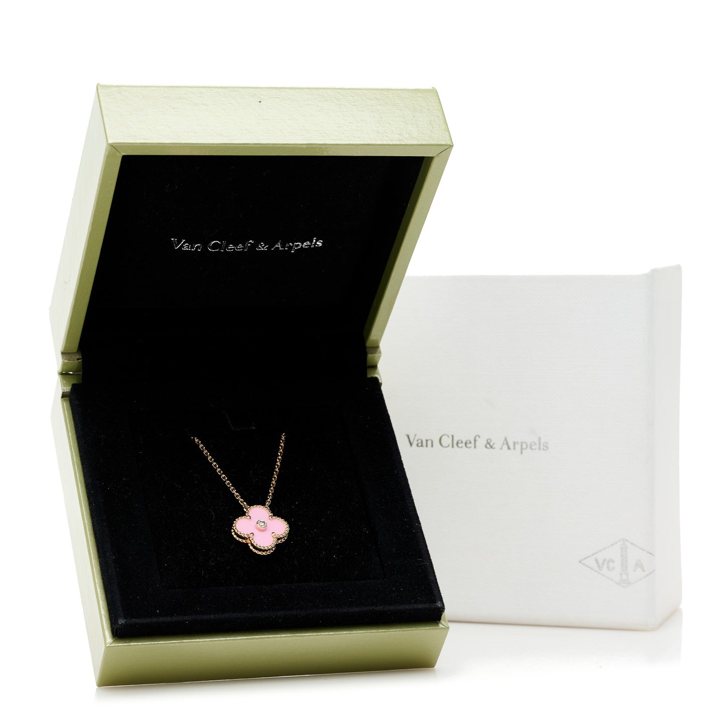 18K Rose Gold Diamond Pink Porcelain Vintage Alhambra Pendant Necklace