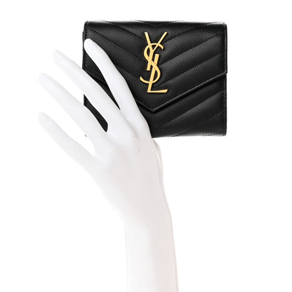 Saint Laurent Grain De Poudre Matelasse Chevron Monogram Compact Tri Fold Wallet Black 2 of 11