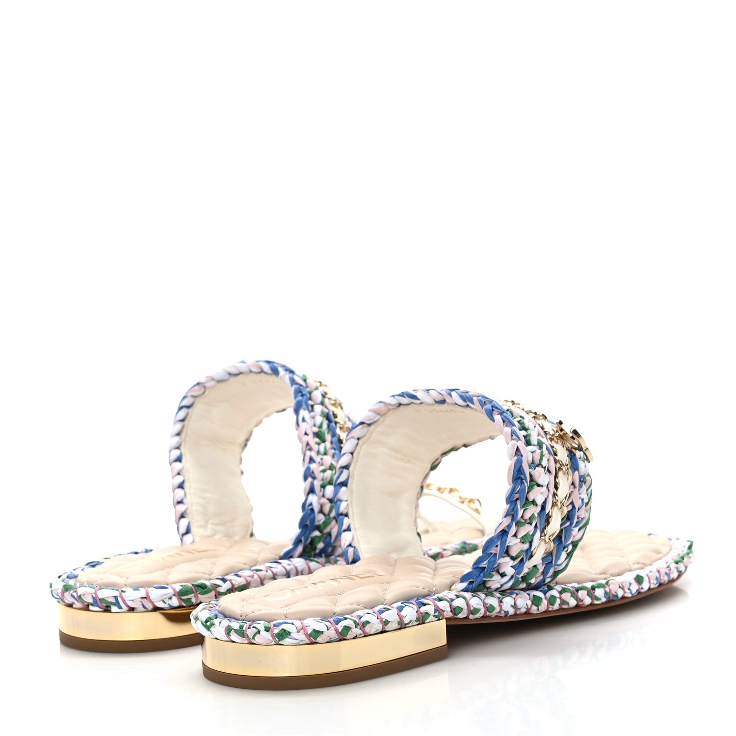 Chanel Raffia Lambskin Woven Chain CC Toe Ring Sandals 41 Blue Pink 4 of 8