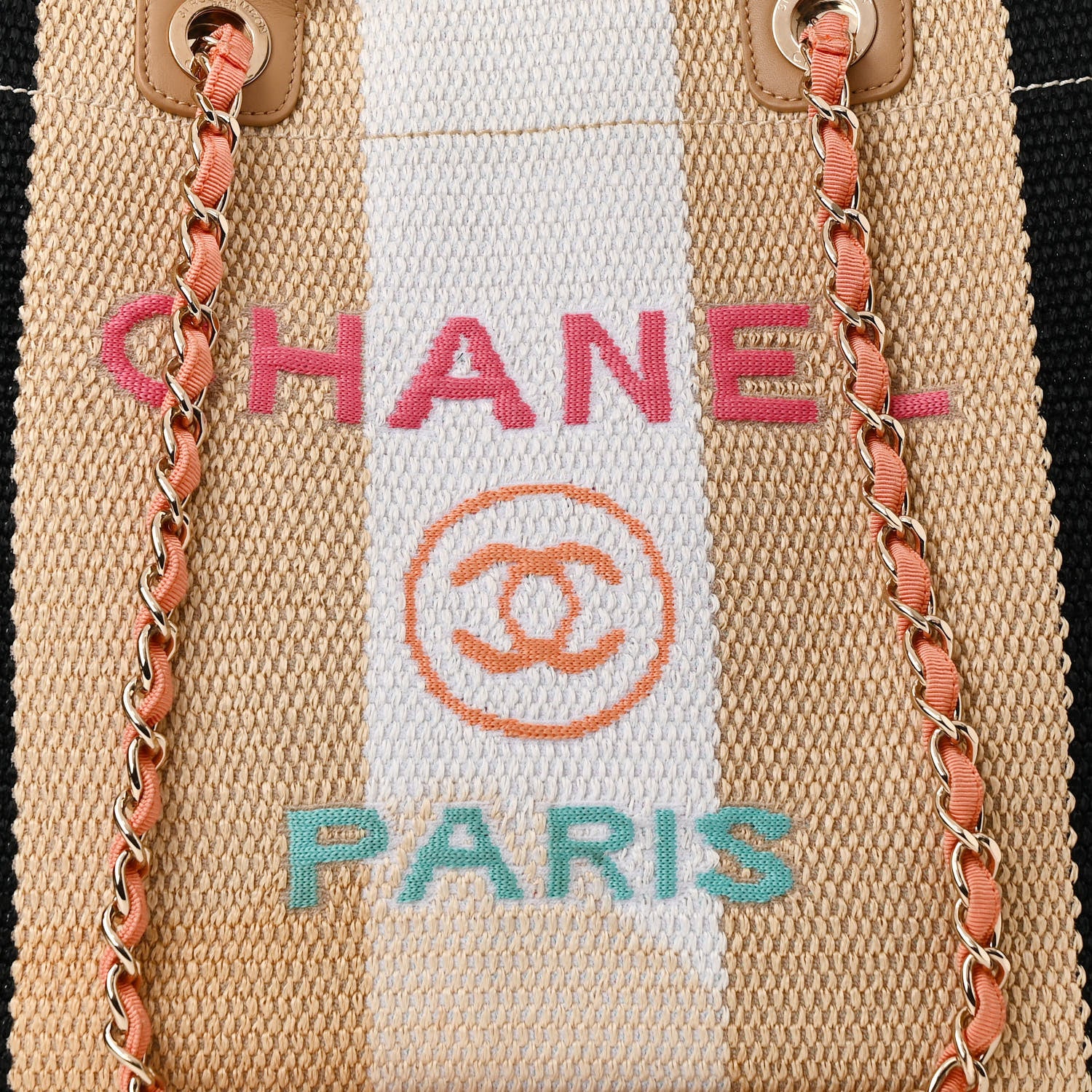 Chanel Straw Raffia Calfskin Striped Medium Deauville Tote Black Beige Ivory 8 of 10