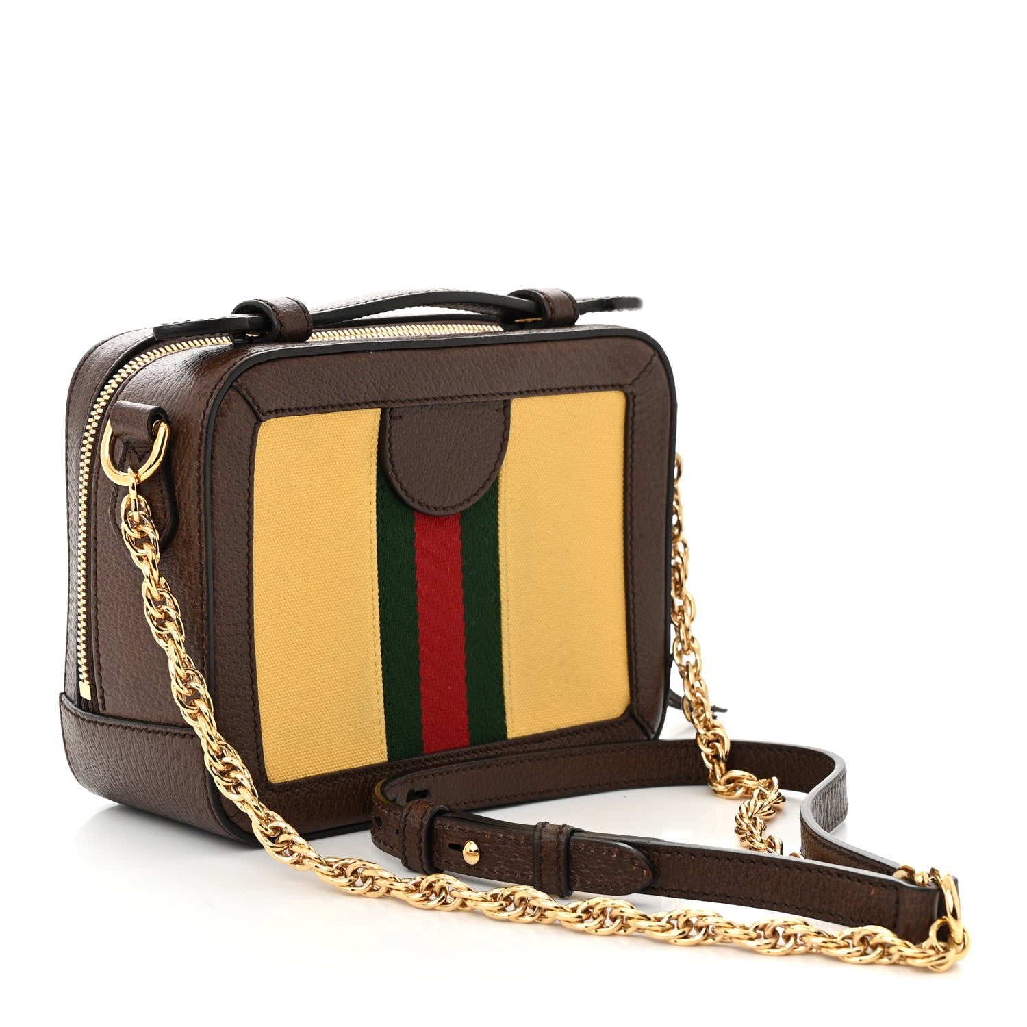 Gucci Canvas Textured Calfskin Web Mini Ophidia Top Handle Shoulder Bag Easy  Yellow Dark Brown 3 of 11
