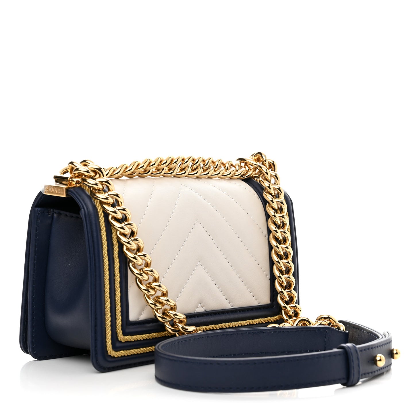 Calfskin Chevron Quilted Braided Small Boy Flap White Navy