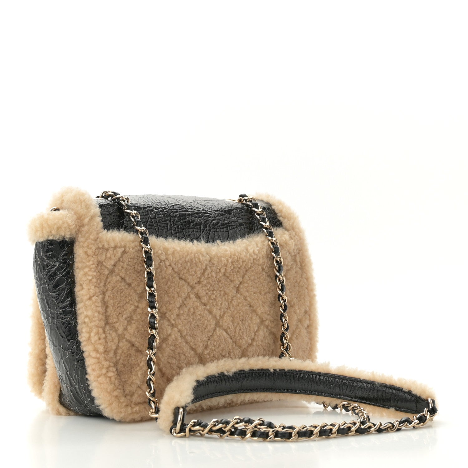 Chanel Shiny Crumpled Sheepskin Shearling CC Mania Flap Bag Black Beige 3 of 11