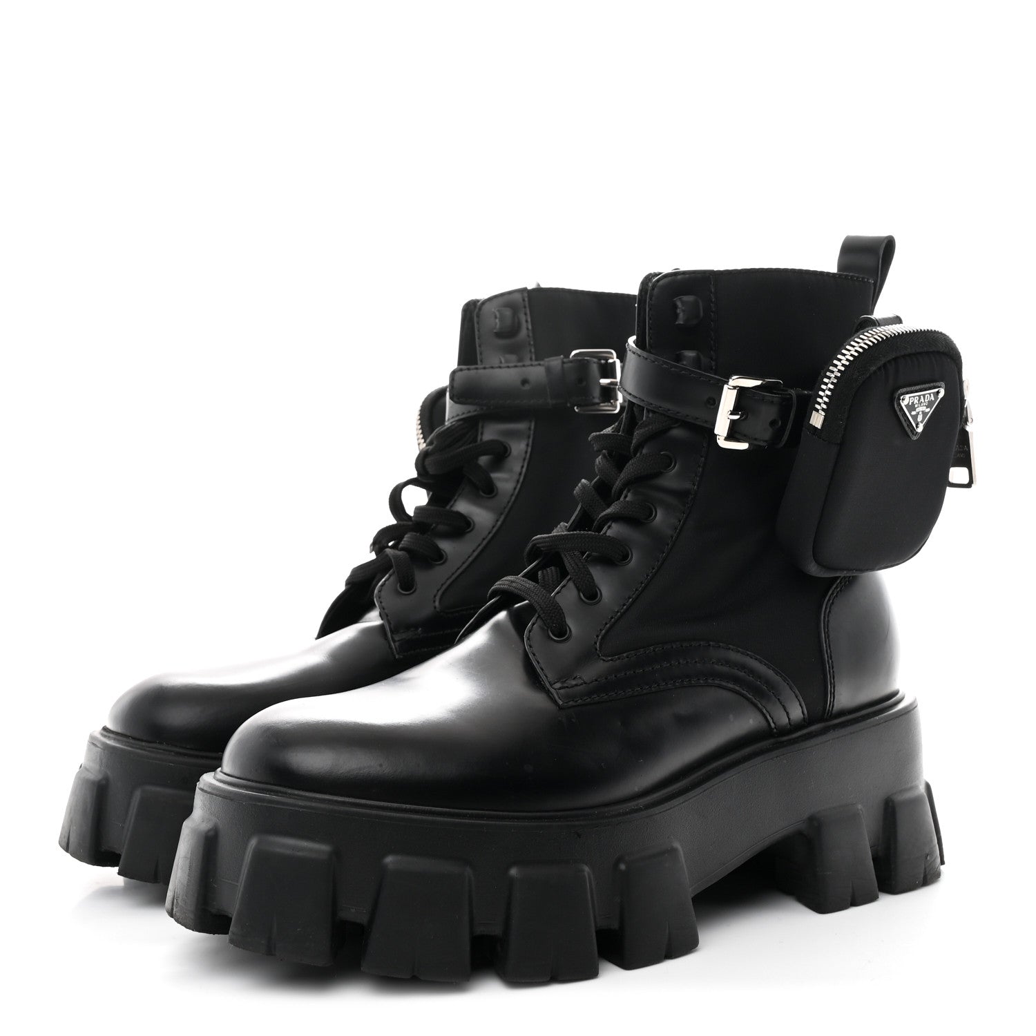 Prada Spazzolato Rois Nylon Metal Triangle Logo Monolith Pouch Pocket 55mm Boots 39 Black 4 of 9