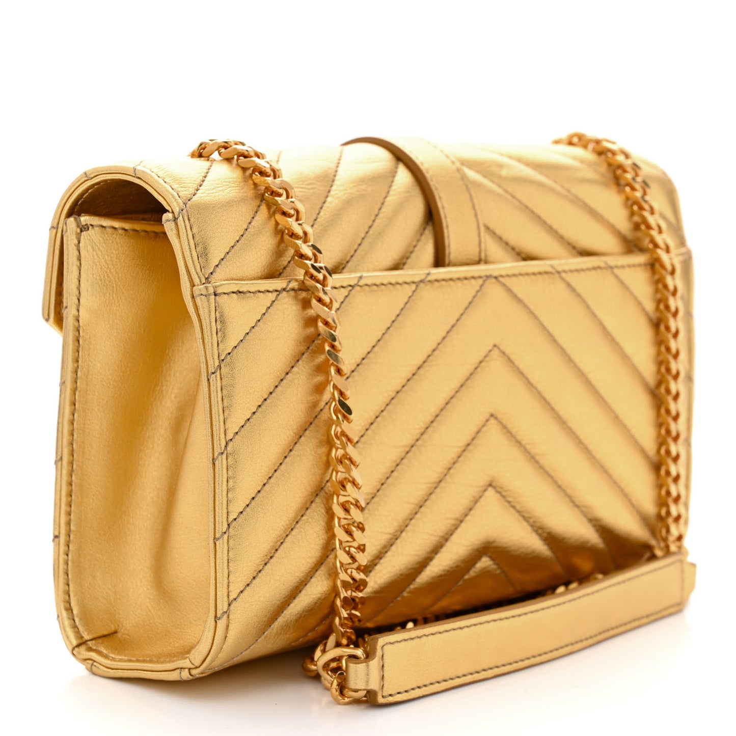 Metallic Calfskin Matelasse Chevron Small Monogram Chain Shoulder Bag Gold