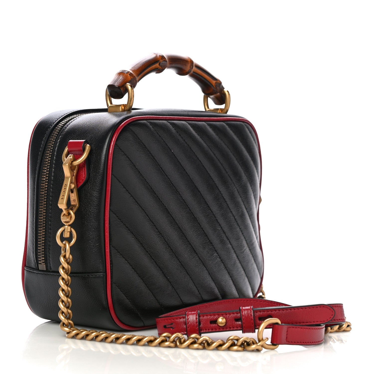 Gucci Vintage Effect Calfskin Matelasse Diagonal Small Torchon GG Marmont Bamboo Top Handle Shoulder Bag Black Romantic Cherry 3 of 11