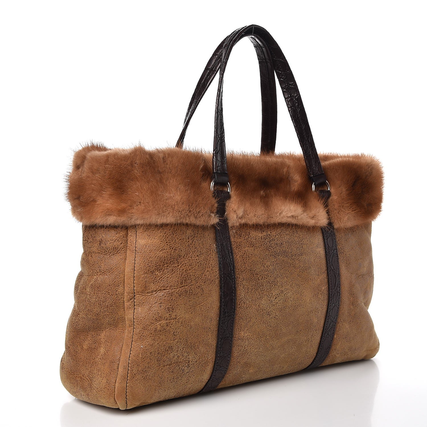 Prada Suede Shearling Mink Fur Crocodile Tote 3 of 11