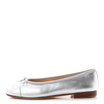 Chanel Metallic Lambskin CC Cap Toe Ballerina Flats 37.5 Silver 1 of 9