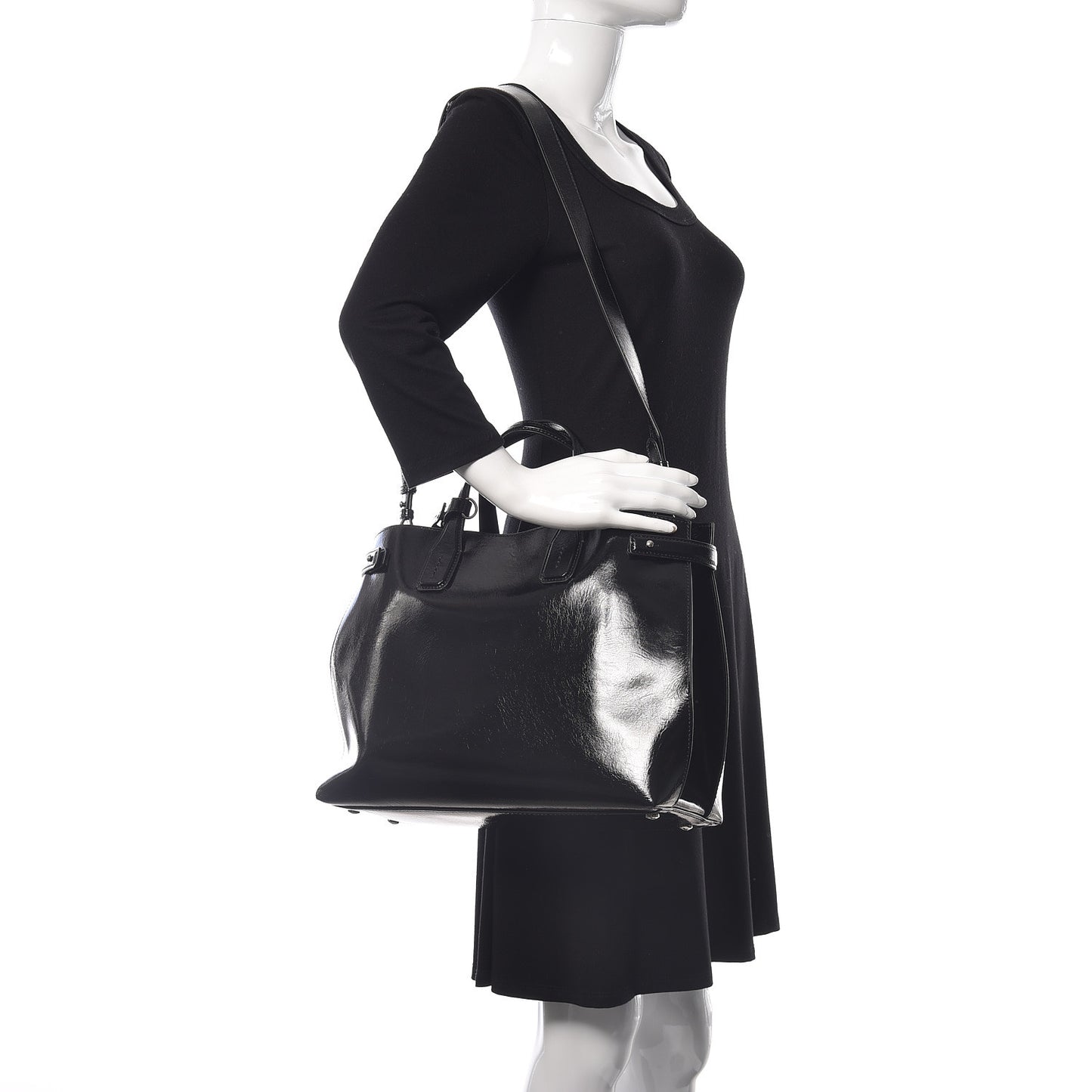 Shiny Soft Calfskin Medium Banner Tote Black