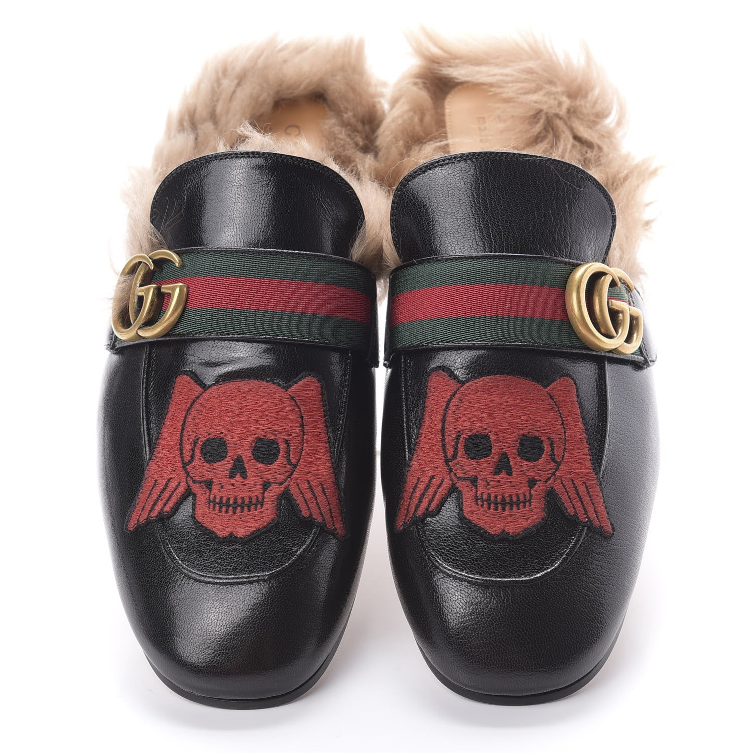 Gucci Goatskin Fur Web GG Skull Embroidered Mens Princetown Slippers 7.5 Black 4 of 9
