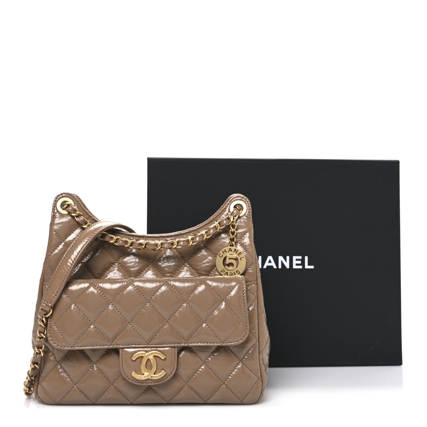 Chanel Shiny Crumpled Calfskin Quilted Wavy CC Hobo Dark Beige