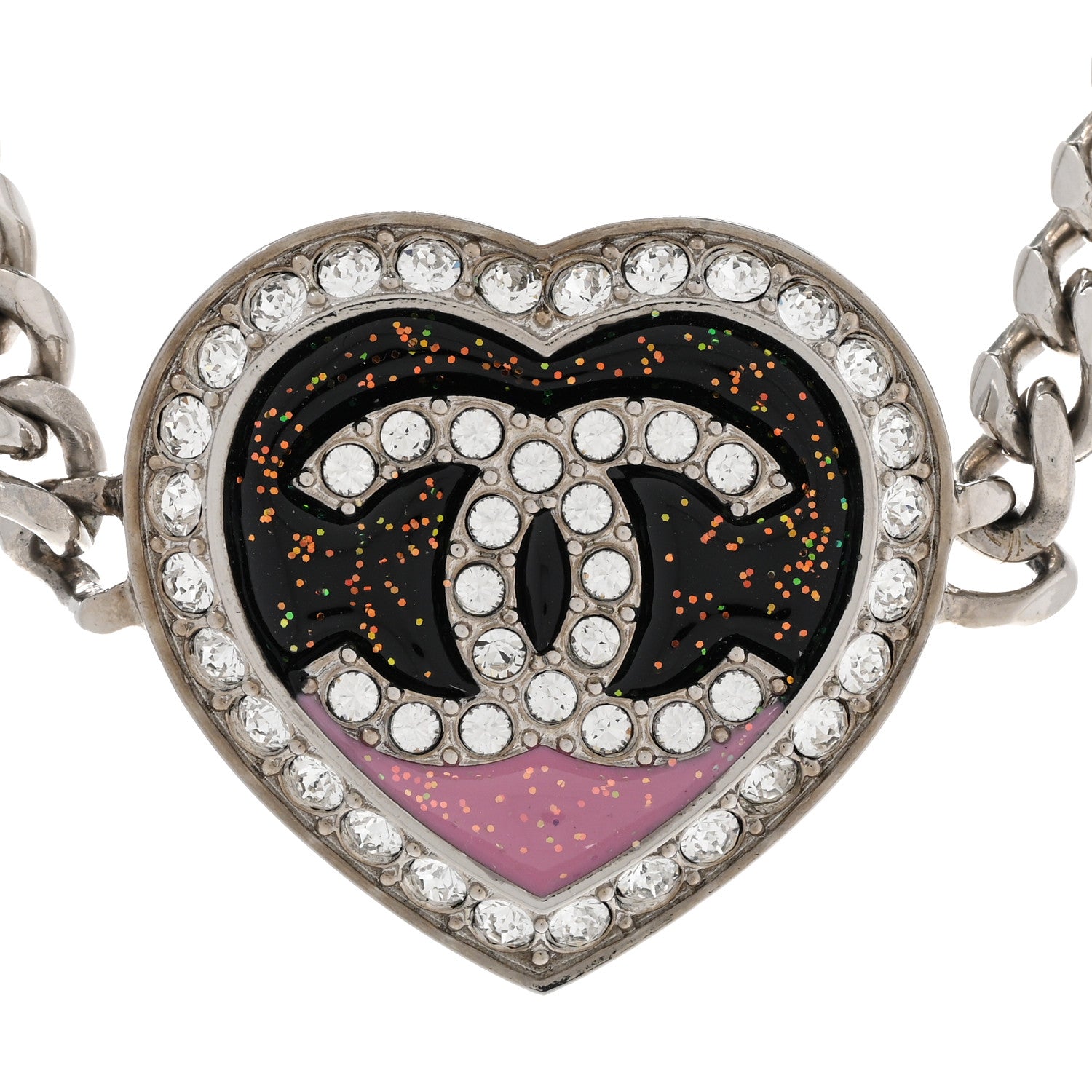 Chanel Resin Crystal Glitter CC Heart Necklace Silver 4 of 7