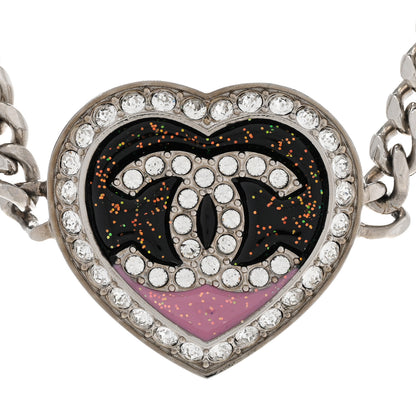 Chanel Resin Crystal Glitter CC Heart Necklace Silver 4 of 7