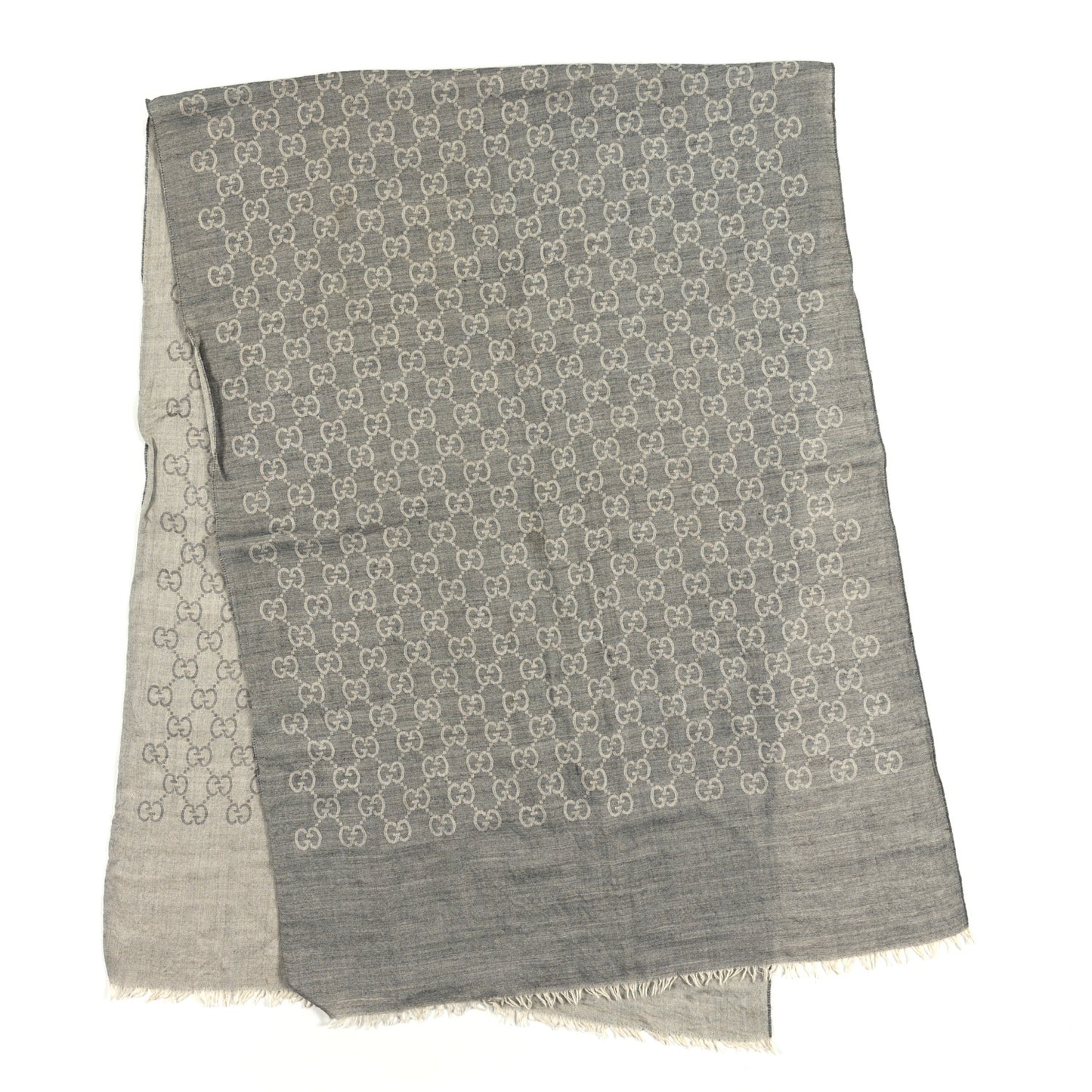 Wool Silk GG Monogram Fringe Scarf Shawl Grey