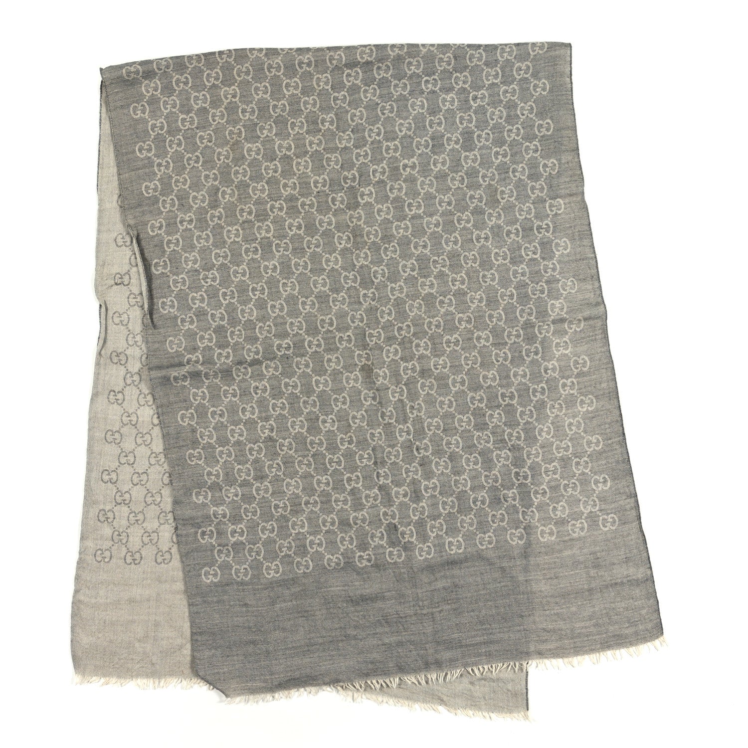 Gucci Wool Silk GG Monogram Fringe Scarf Shawl Grey 2 of 3