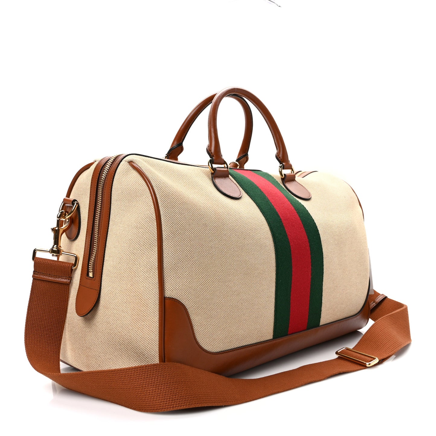 Canvas Calfskin Vintage Web Travel Duffle Bag Beige Cuir