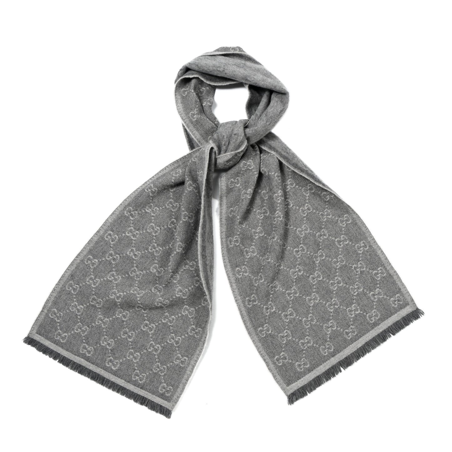 Wool Jacquard Monogram Fringe Scarf Grey