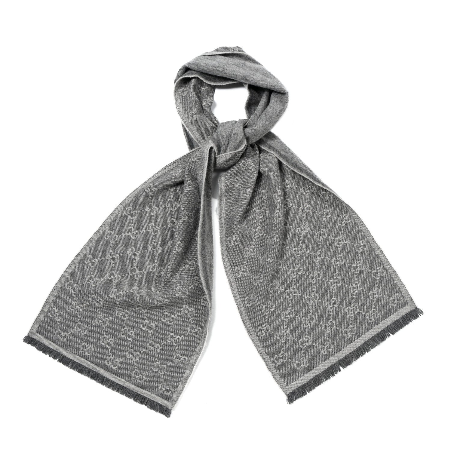 Gucci Wool Jacquard Monogram Fringe Scarf Grey 2 of 3