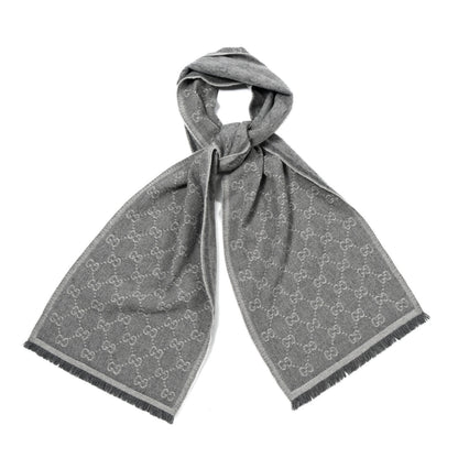 Gucci Wool Jacquard Monogram Fringe Scarf Grey 2 of 3