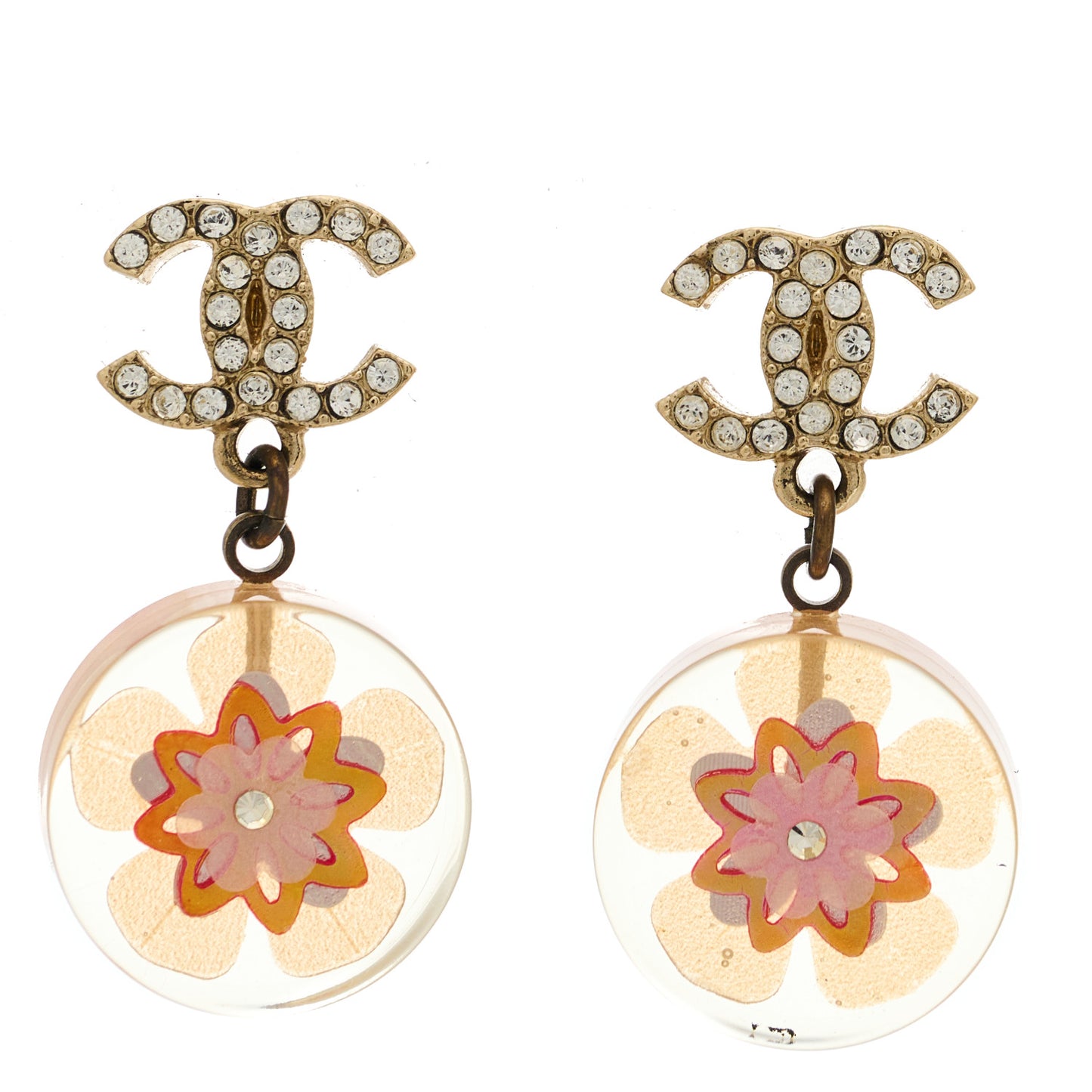 Resin Crystal CC Flower Drop Earrings Gold Transparent Pink