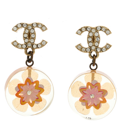 Chanel Resin Crystal CC Flower Drop Earrings Gold Transparent Pink 1 of 5