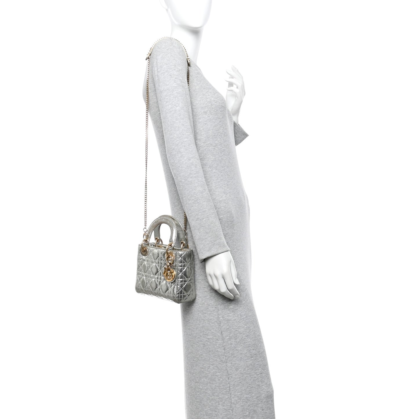 Metallic Crinkled Lambskin Cannage Mini Lady Dior Silver