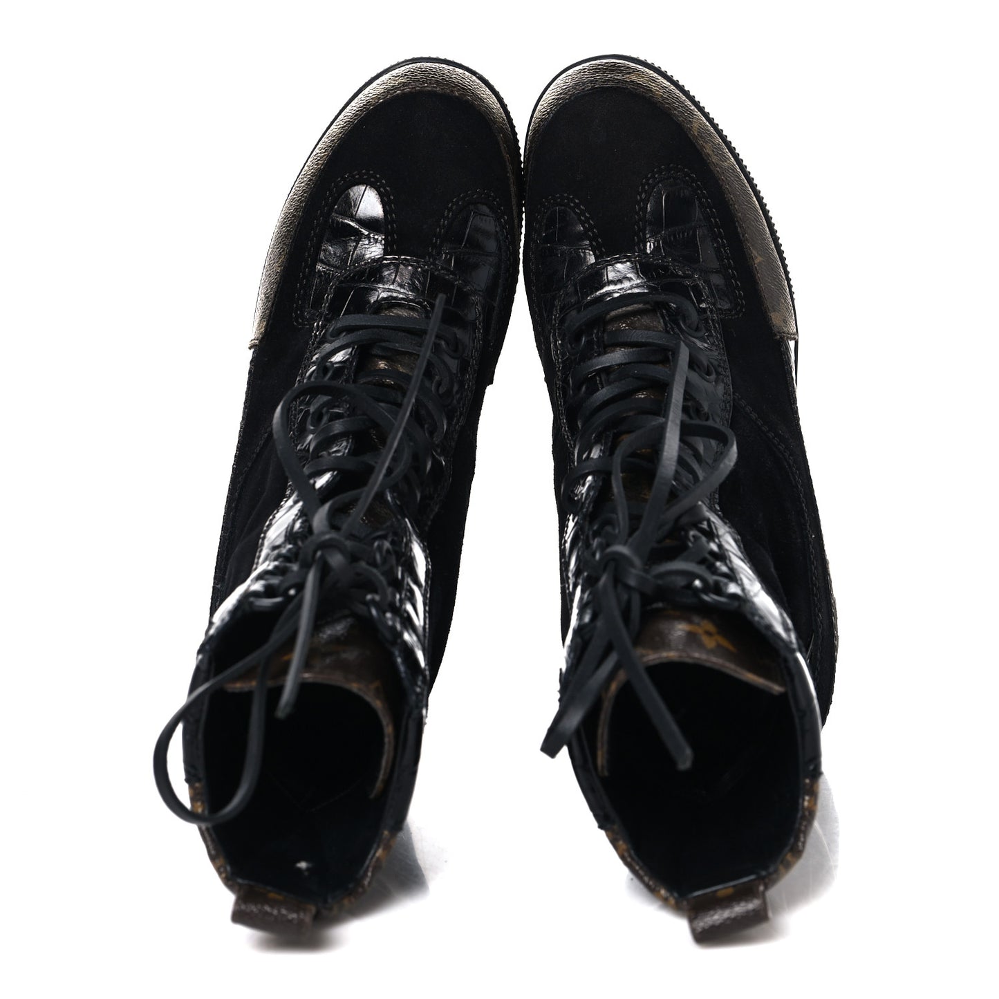 Suede Crocodile Embossed Calfskin Monogram Laureate Platform Desert Boots 36 Black
