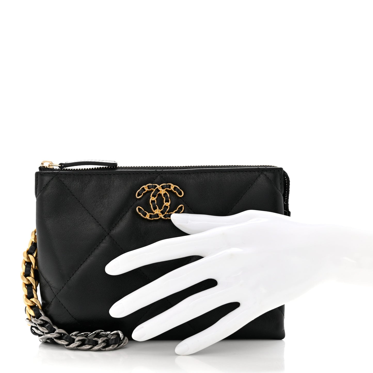 Shiny Goatskin Quilted Small Chanel 19 Pouch With Handle Black