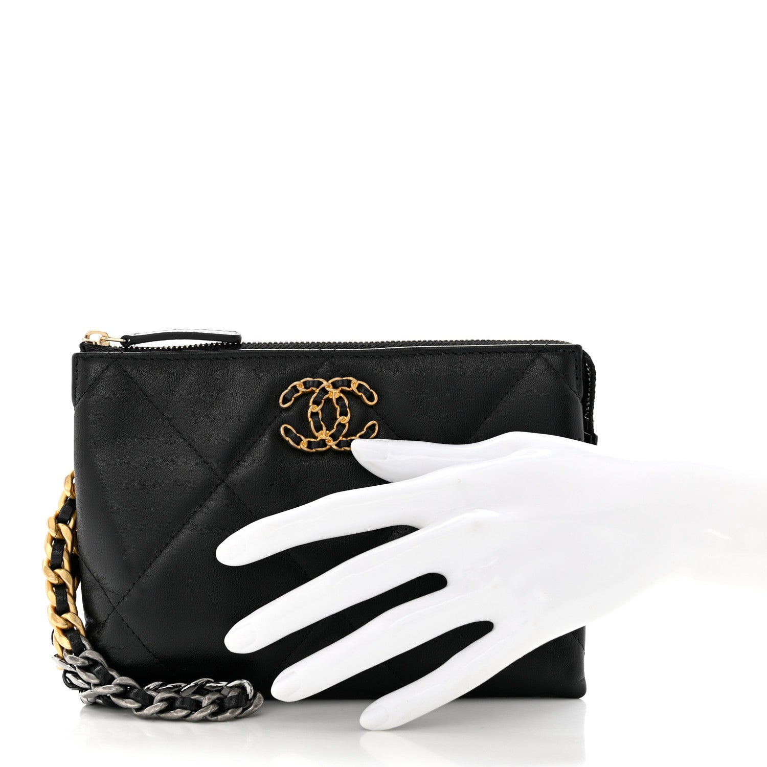Chanel Shiny Goatskin Quilted Small Chanel 19 Pouch With Handle Black 2 of 7