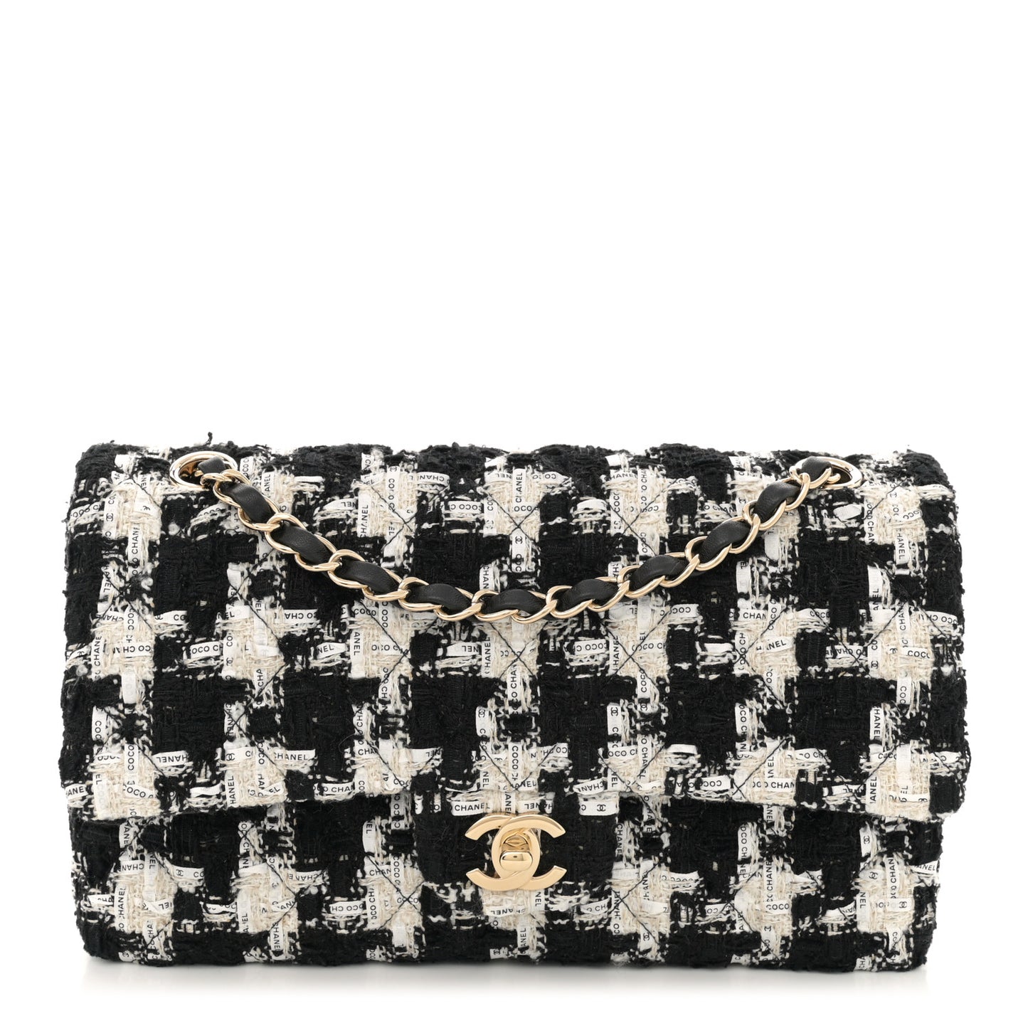 Tweed Quilted Medium Double Flap Black Ecru White