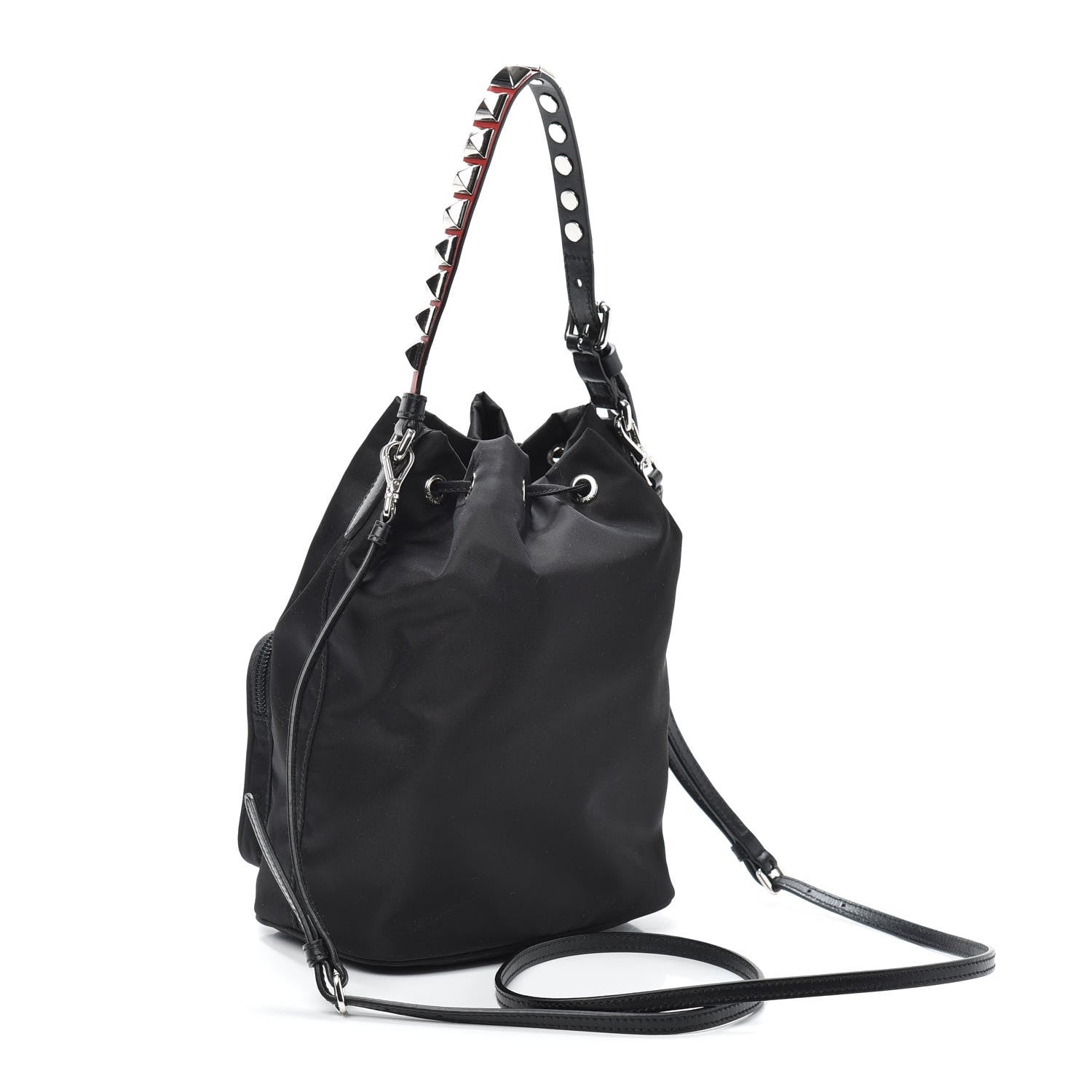 Prada Tessuto Nylon Studded New Vela Mini Bucket Crossbody Bag Black Fuoco 3 of 9
