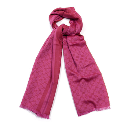Gucci Wool Silk GG Monogram GGWeblong Fringe Scarf Shawl Red Pink 1 of 4