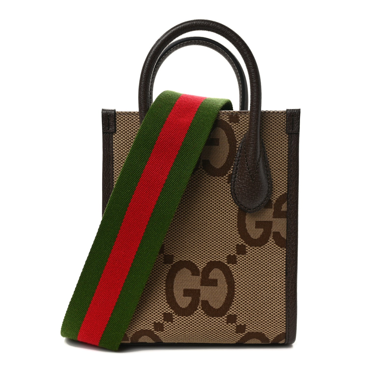 Gucci Monogram Jumbo GG Textured Dollar Calfskin Web Mini Vertical Tote Camel Ebony New Acero 1 of 10