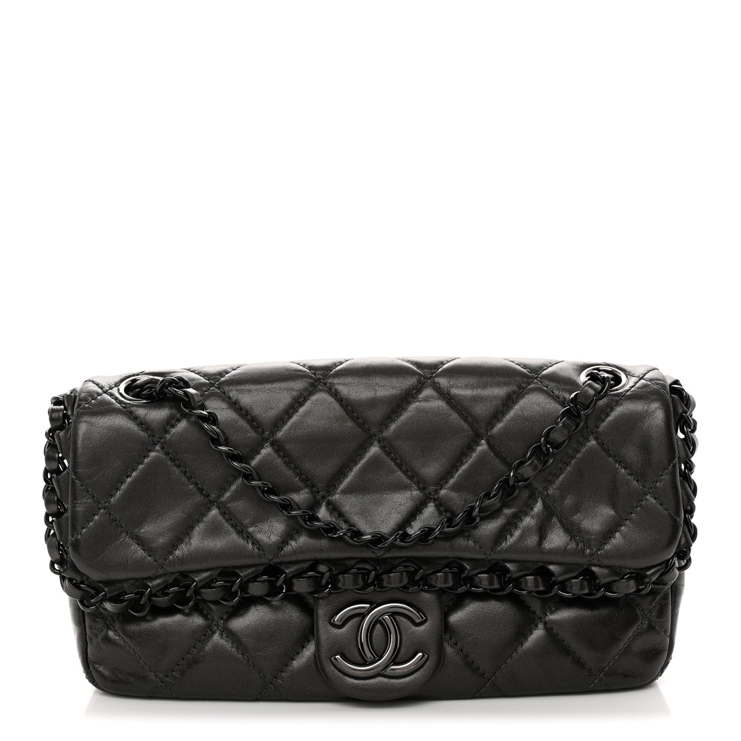 Metallic Calfskin Quilted Chain All Over Flap Bag Grey