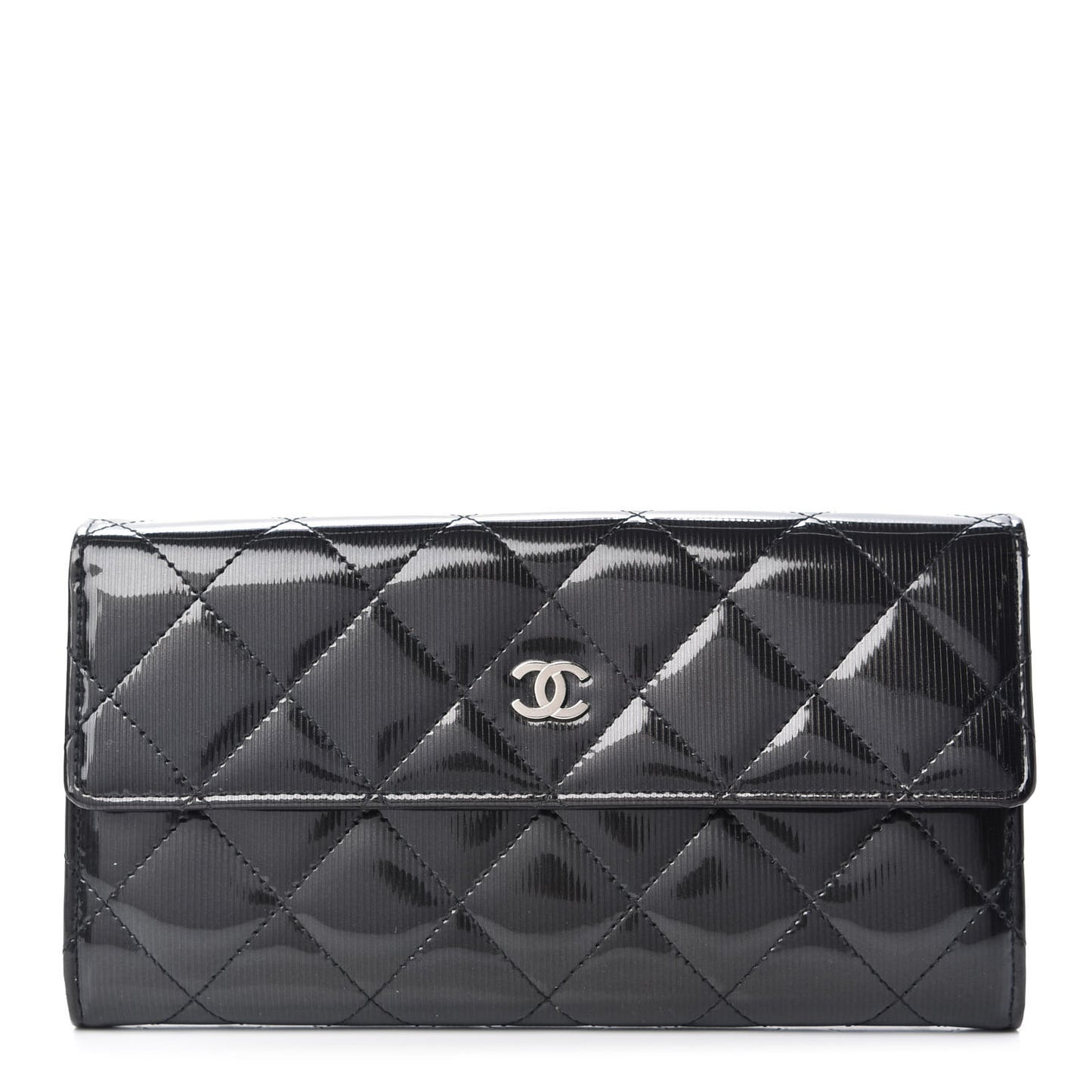 Striated Patent Quilted Large Gusset Flap Wallet Dark Grey