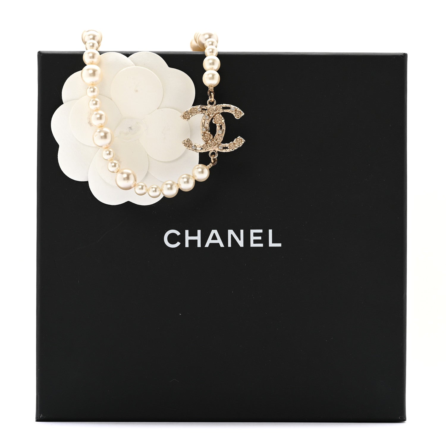 Chanel Pearl Crystal CC Camellia Short Necklace Gold 7 of 7