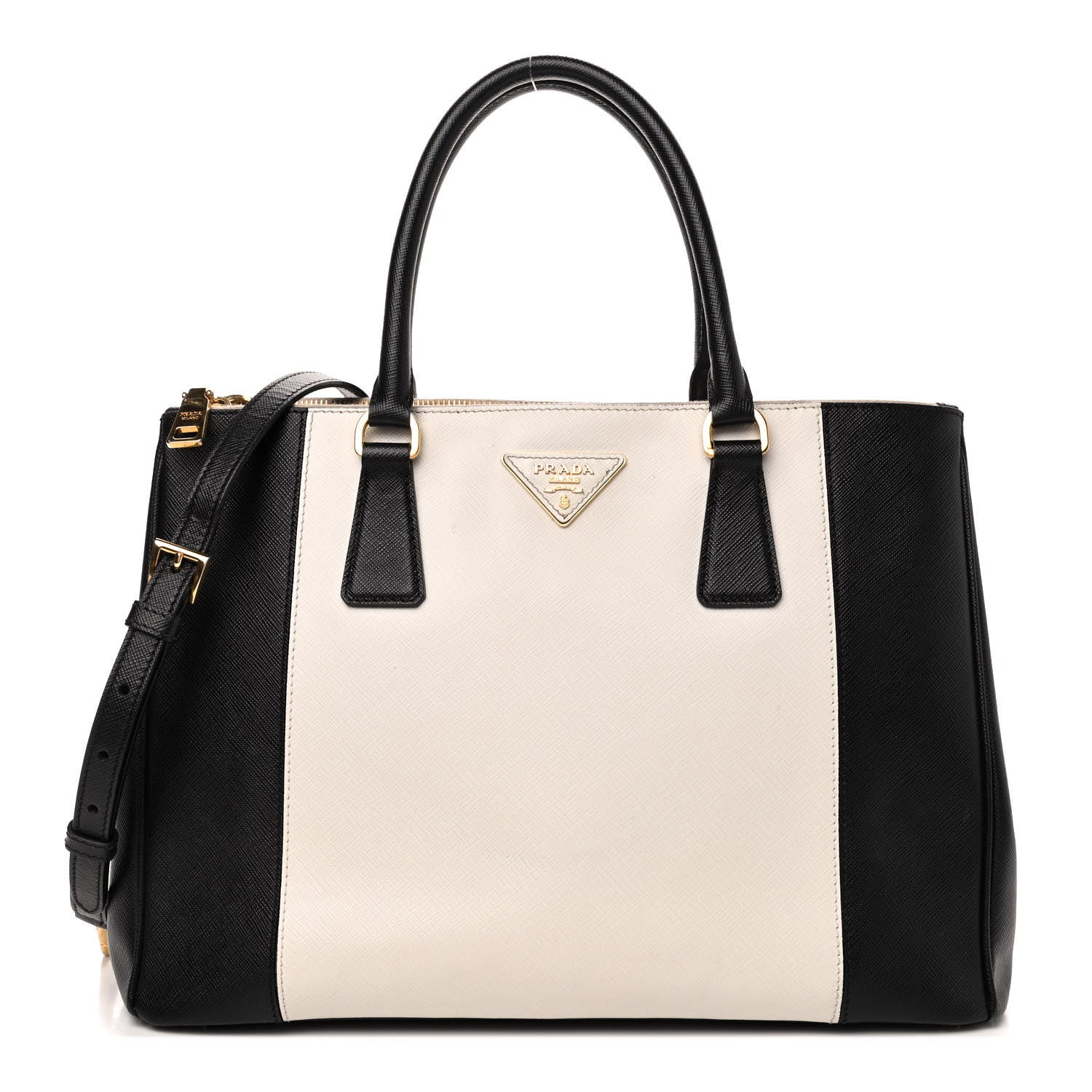 Prada Saffiano Lux Colorblock Medium Galleria Double Zip Tote Black Talco 1 of 6