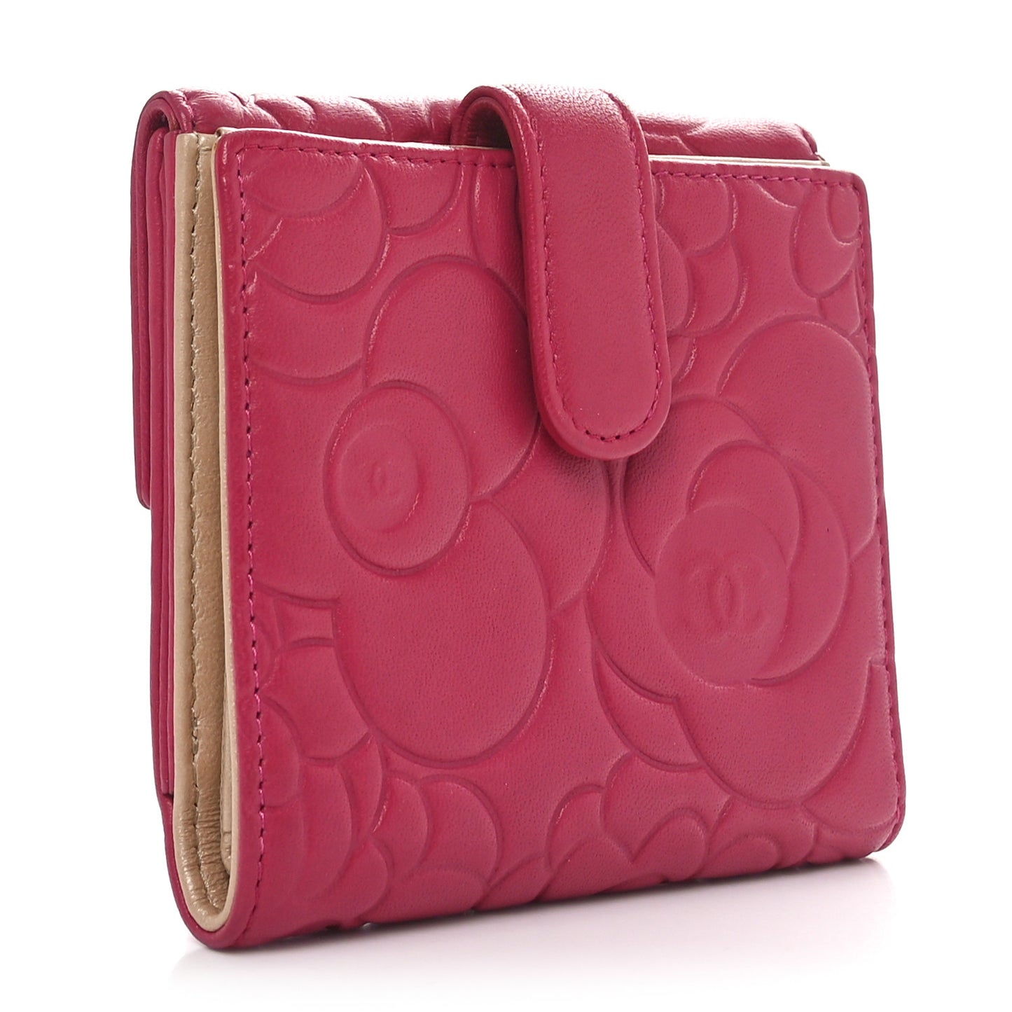 Lambskin Camellia Embossed Compact French Flap Wallet Pink