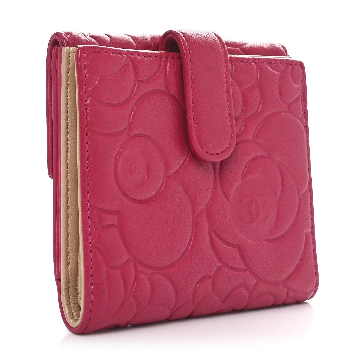 Chanel Lambskin Camellia Embossed Compact French Flap Wallet Pink 3 of 10