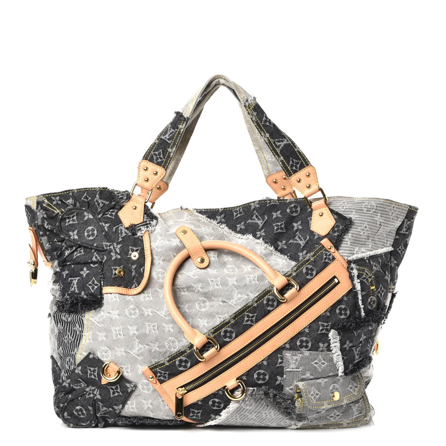 Denim Patchwork Cabby Tote Grey