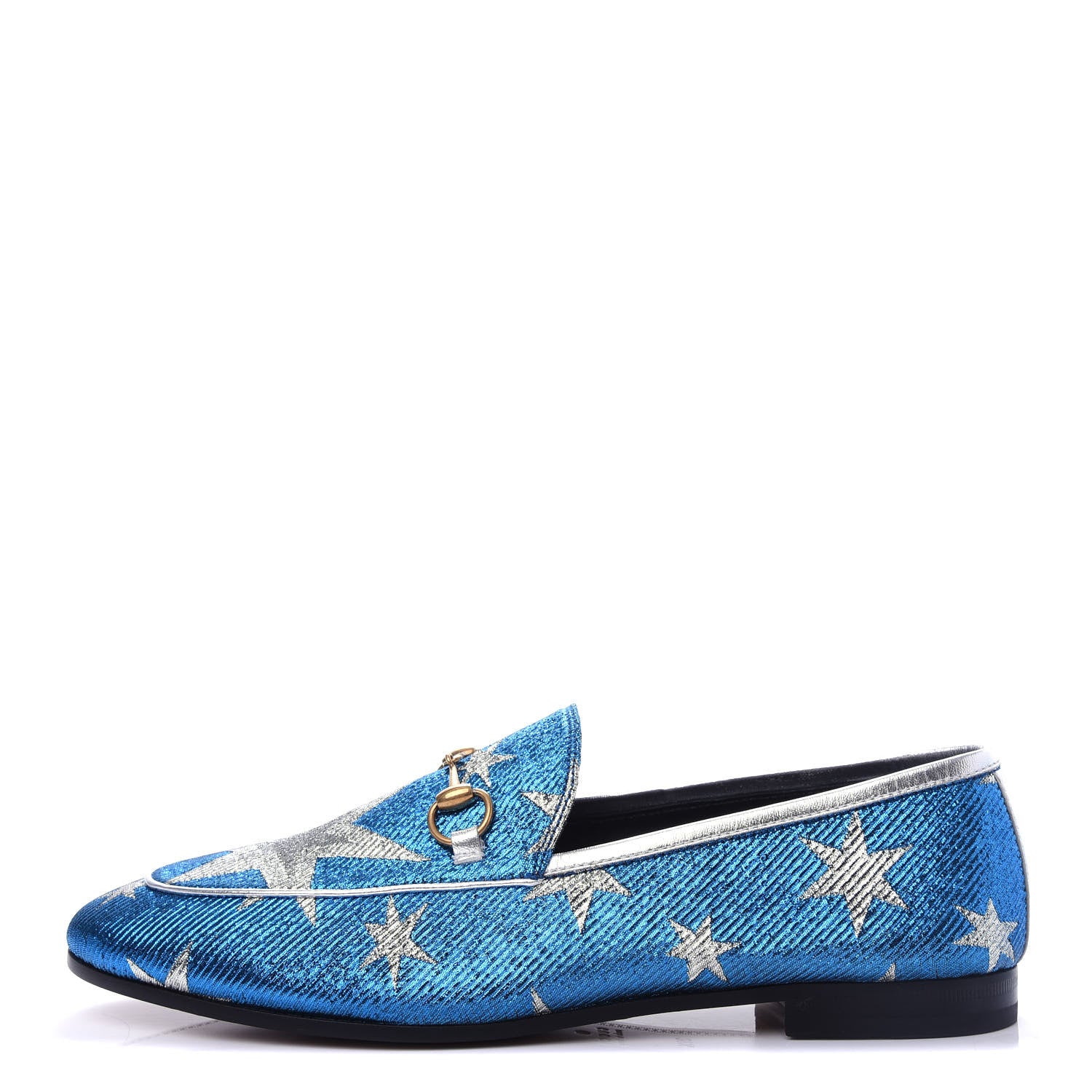 Gucci Lurex Calfskin Starry Sky Womens Jordaan Loafers 39.5 Bluette Silver 1 of 11