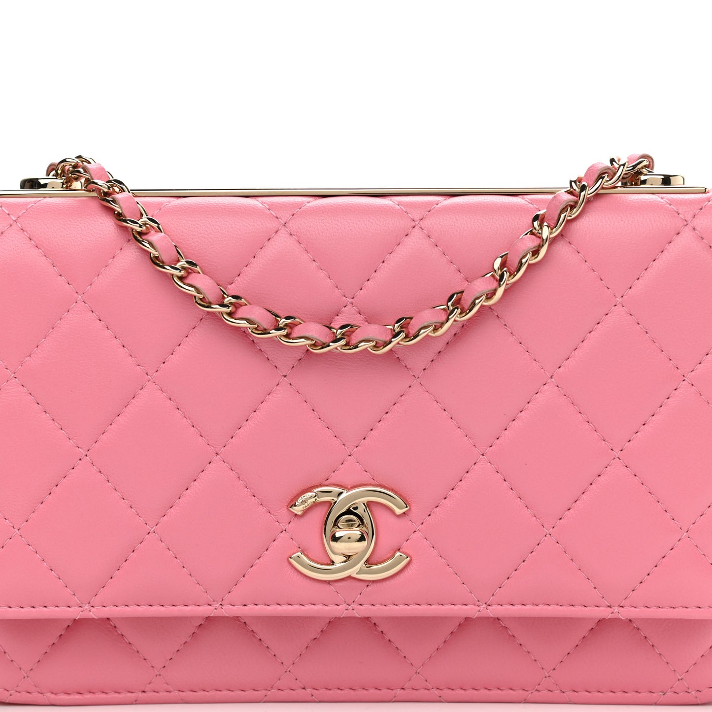 Lambskin Quilted Trendy CC Wallet On Chain WOC Pink