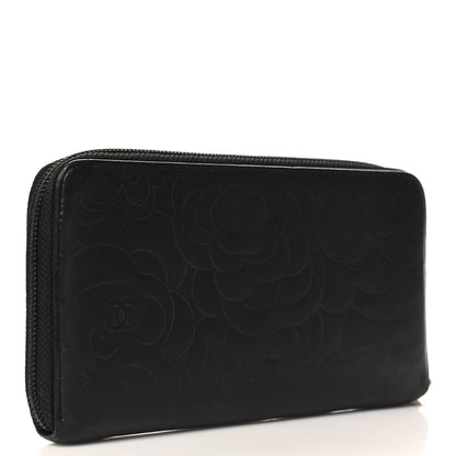 Chanel Lambskin Camellia Embossed Large Zip Around Gusset Wallet Black 3 of 10