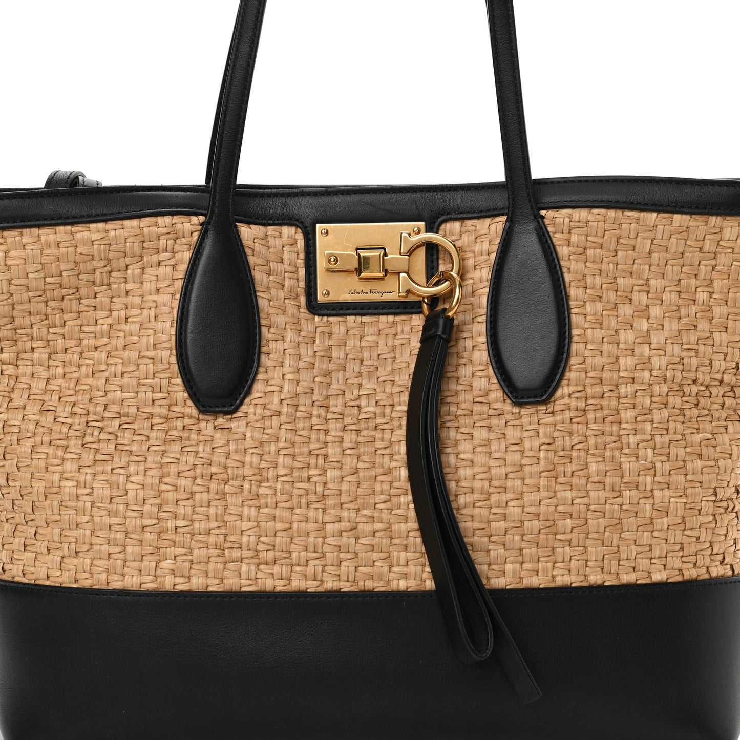Woven Raffia Calfskin The Studio Tote Beige Black