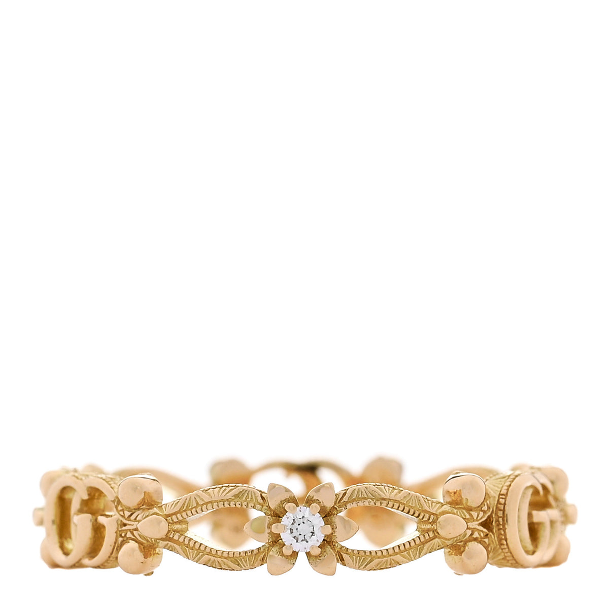 Gucci 18K Yellow Gold Diamond Flora Band Ring 58 8.25 1 of 5